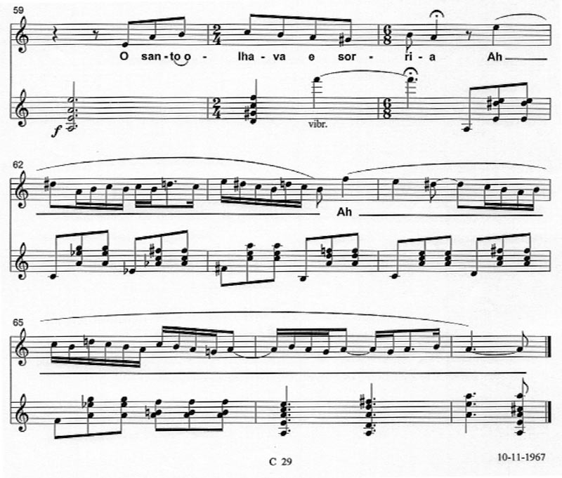 Two Pieces for Voice and Guitar: Finale Measures of Queixa da Moça arrependida (text by Ribeiro Couto), C 29, by Ernst Mahle